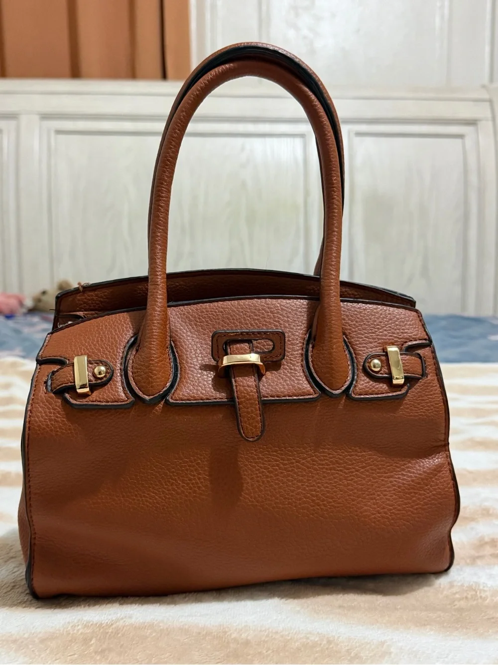 Structured Leather Satchel in Cognac Brown